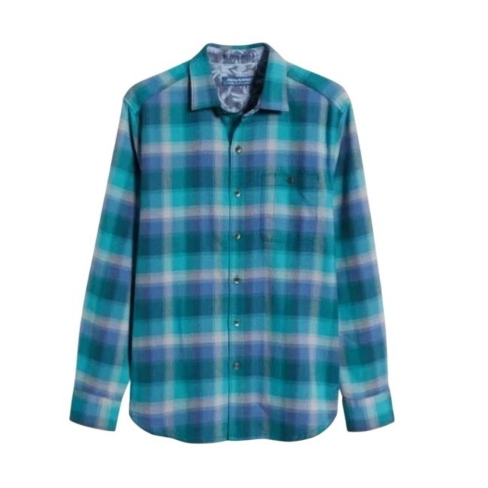 Tommy Bahama Mens XLT Flannel Shirt Seaway Blue Gray Canyon Beach Long Sleeve